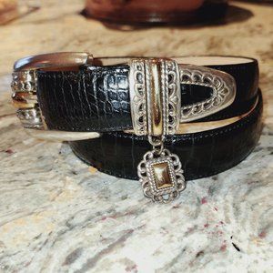 BRIGHTON Black Crocodile Print Belt with Charm